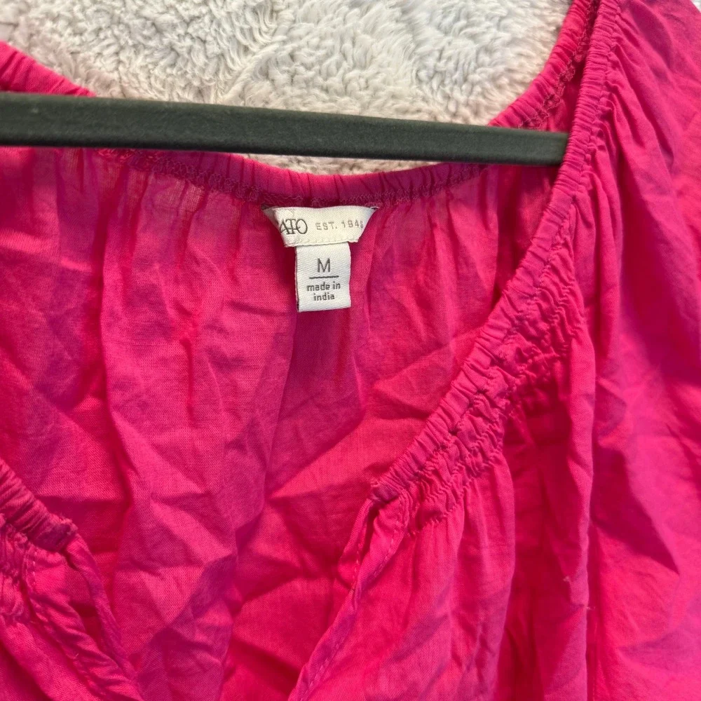 Hot Pink Embroidered Peasant Top Monstera Floral Tassel Puff Sleeve Blouse M - Picture 4 of 10